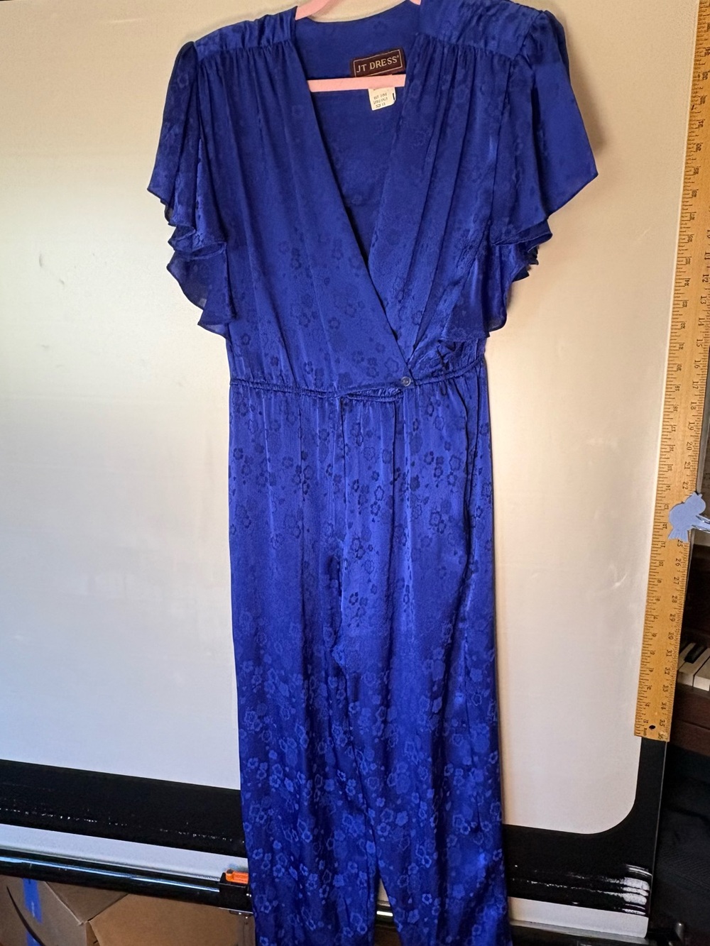 Vintage Royal Blue Floral Wrap Jumpsuit